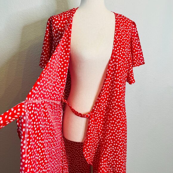 Red White Floral Flutter Sleeve Flowy Cottagecore Full Wrap Midi Dress | Large - Picture 7 of 10